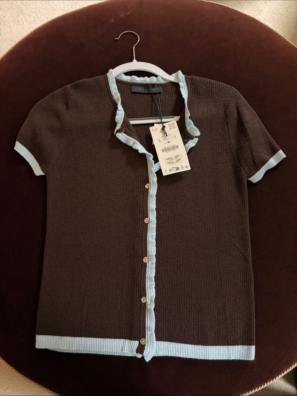 Zara womens Brown Short-Sleeve Button Cardigan with Light Blue Trim